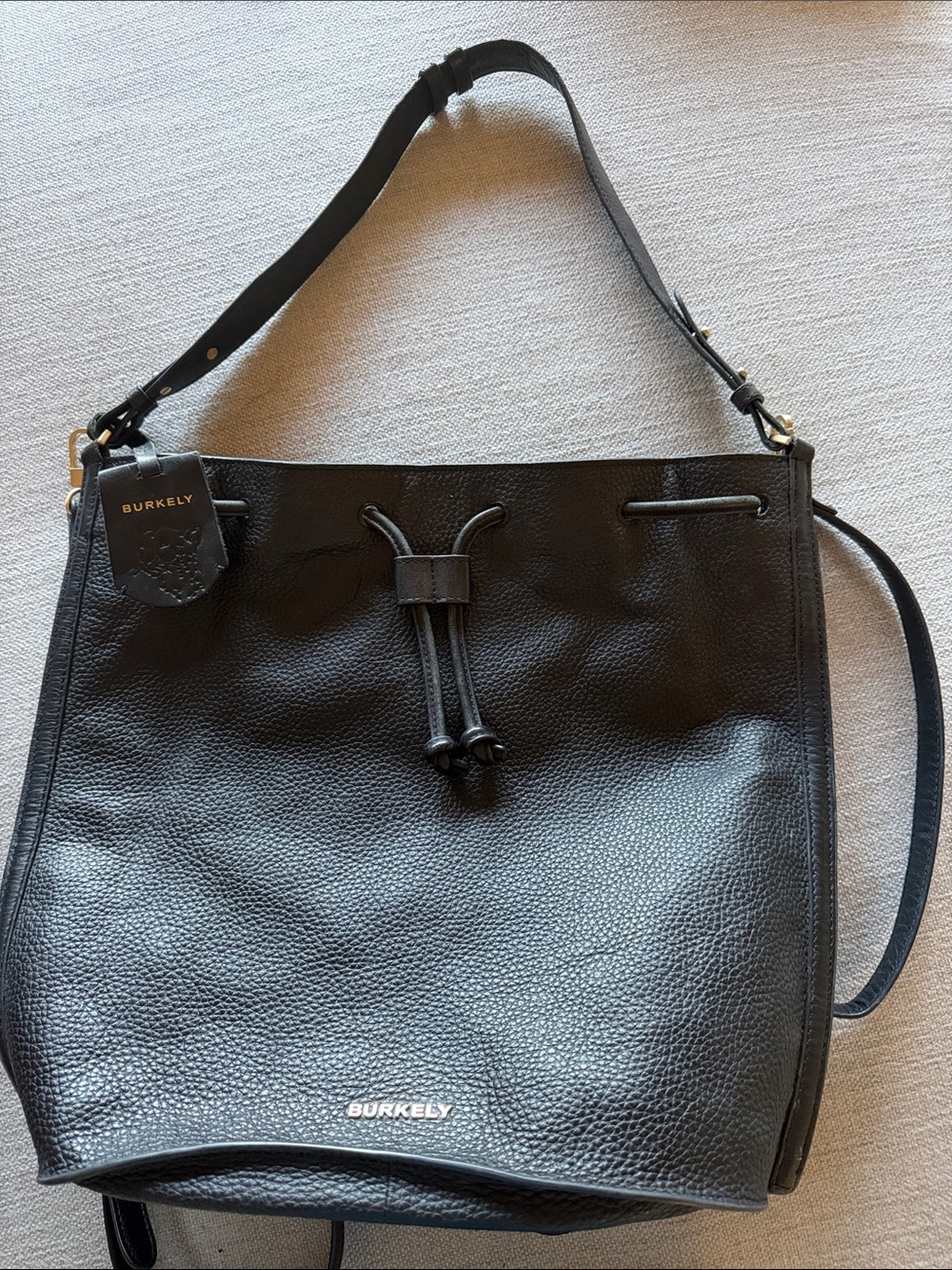 Black Pebbled Leather Drawstring Shoulder Bag